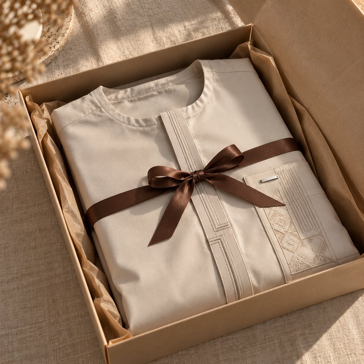 Tunique pliée dans un coffret kraft avec un ruban marron