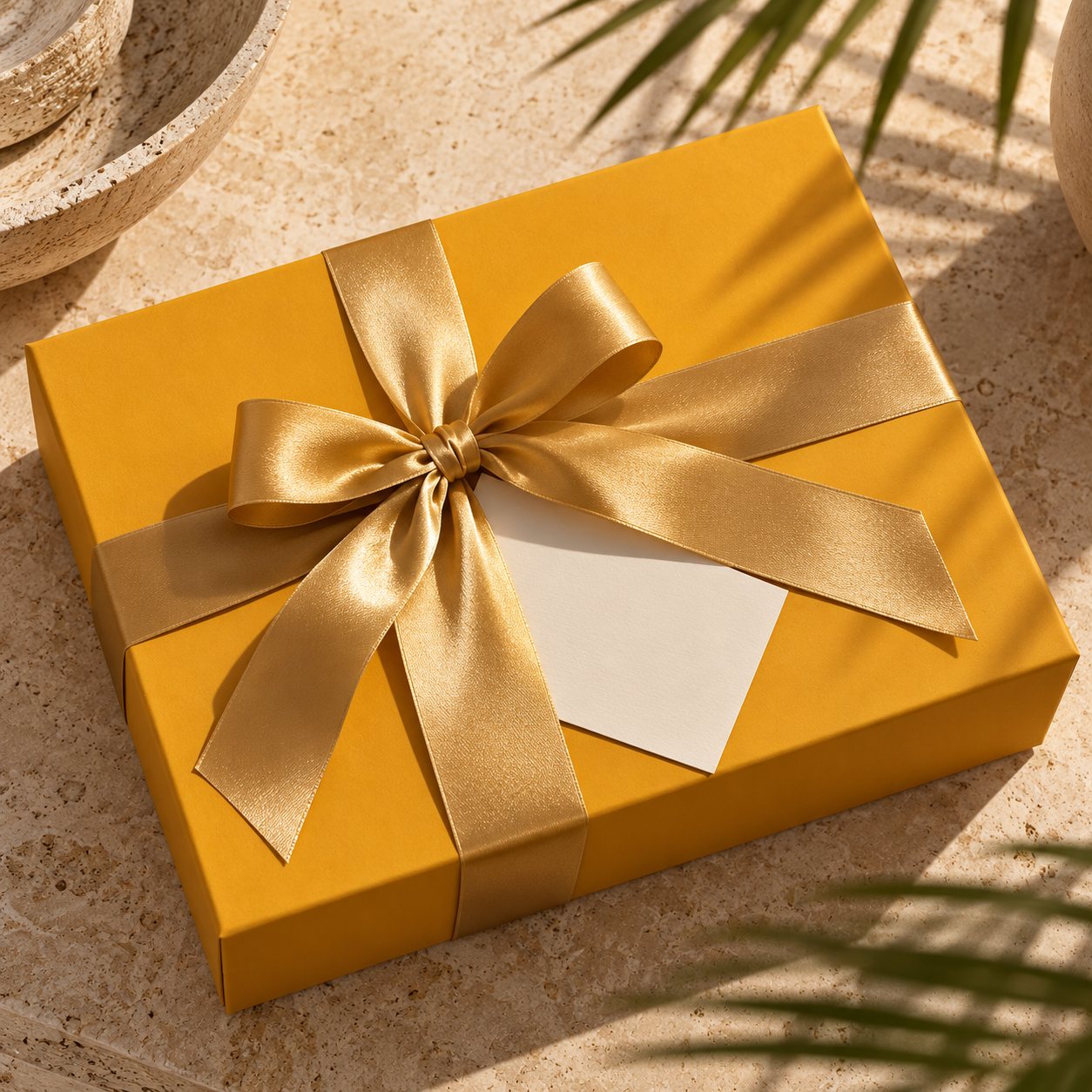 Boîte cadeau en papier safran, nœud en satin doré et carte