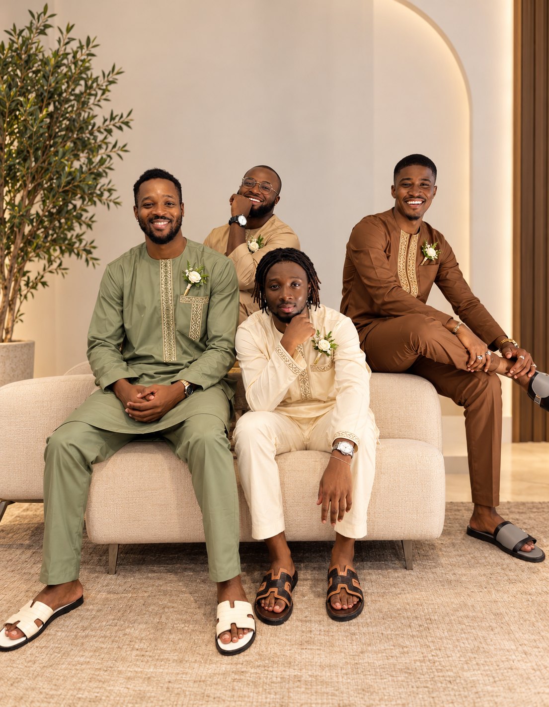 Quatre hommes souriants en ensembles sauge, sable, ivoire et chocolat
