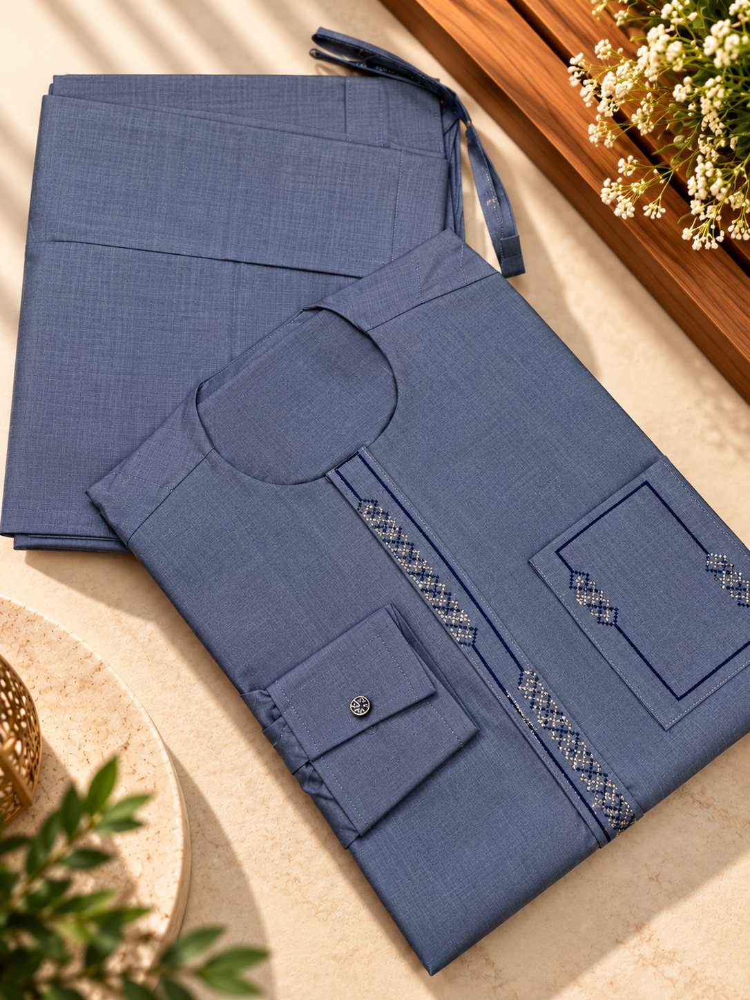 Bleu ardoise, broderie en losanges bleu nuit et beige sur le plastron et la poche.