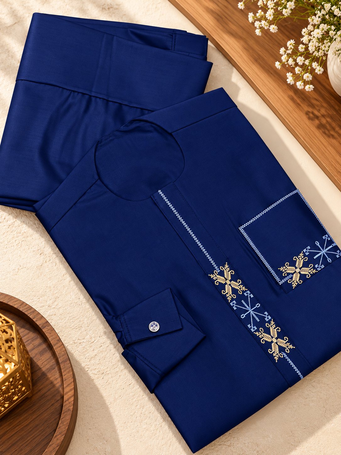 Bleu roi, broderie dorée et bleu ciel en étoiles sur le plastron et la poche.