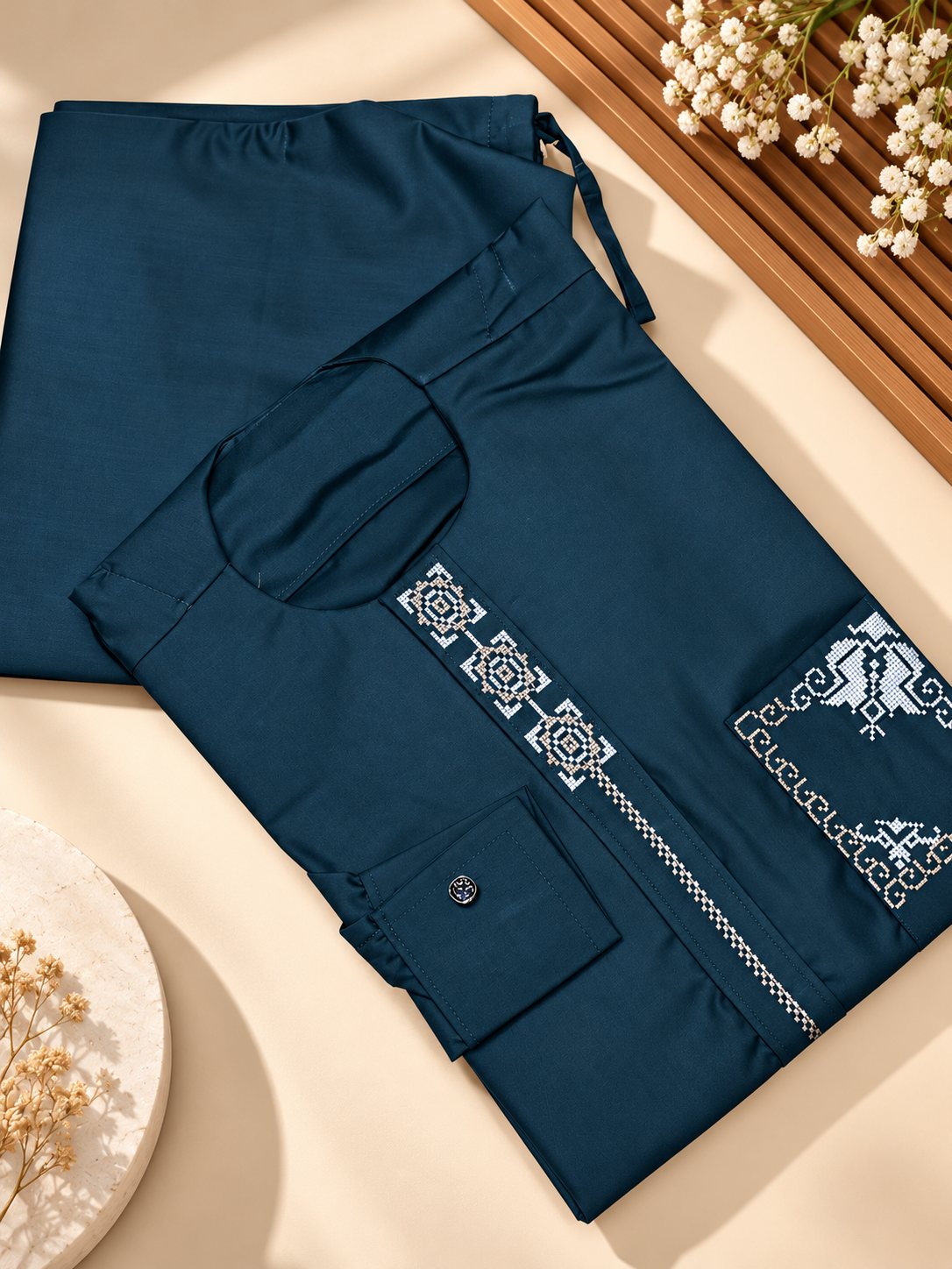 Bleu canard, broderie blanche et beige en motifs géométriques sur le plastron et la poche.