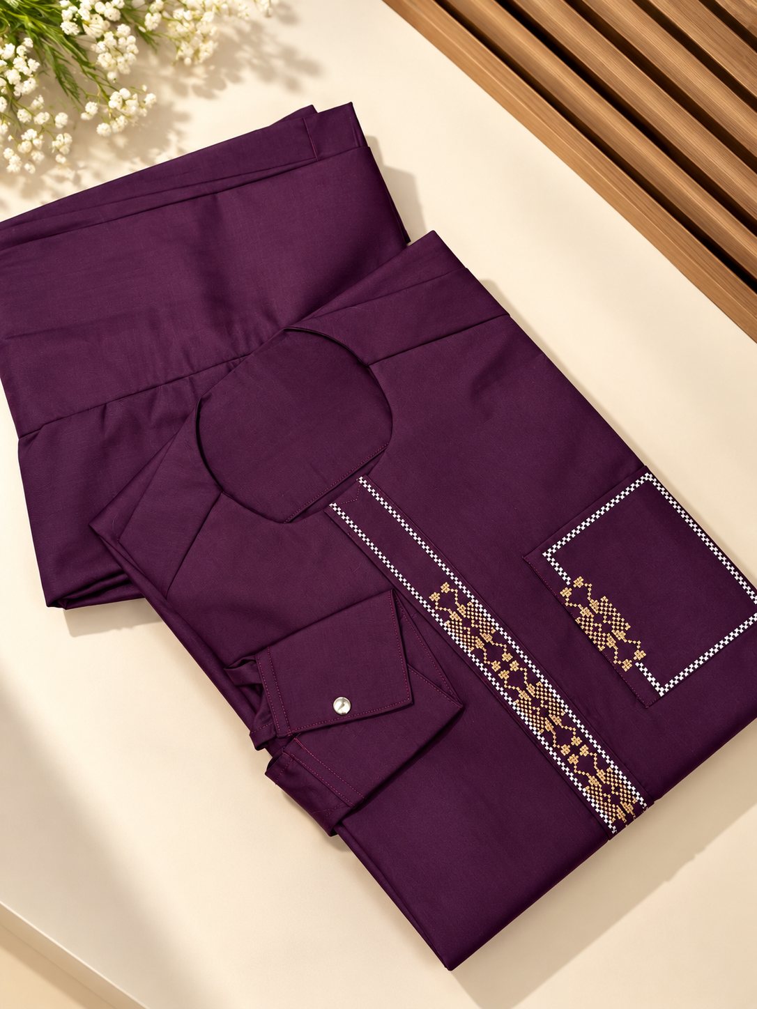Violet prune, plastron et poche brodés de motifs dorés encadrés de blanc.